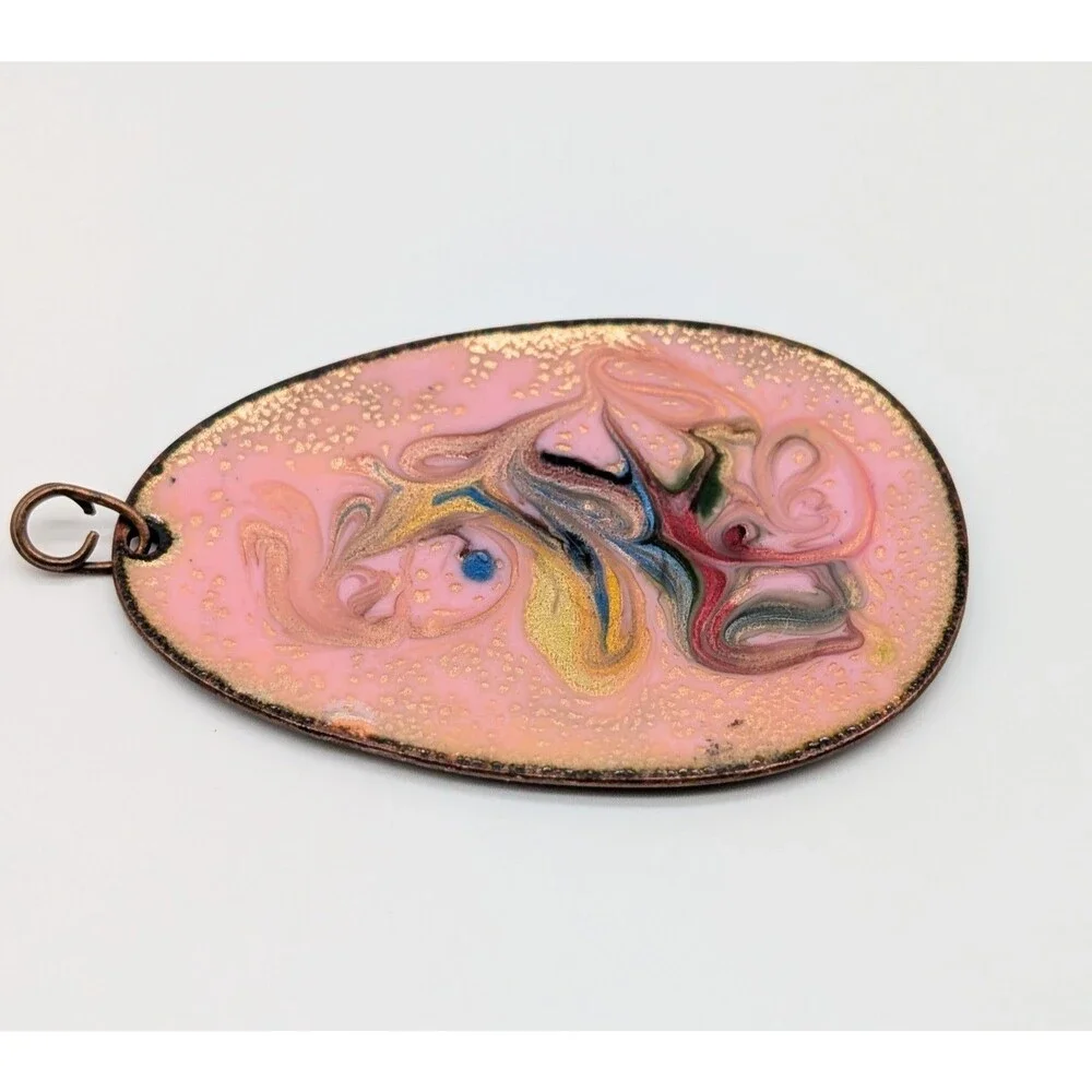 Vintage Artisan Blue Pink Reversible Enamel on Copper Pendant Abstract Swirl